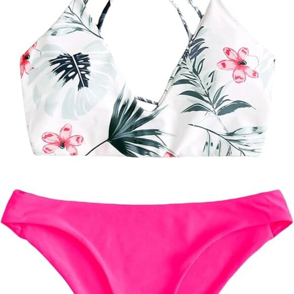 SweatyRocks Women's Sexy Bathing Suit Floral Print Cross Back Bikini Set - Picture 2 of 5